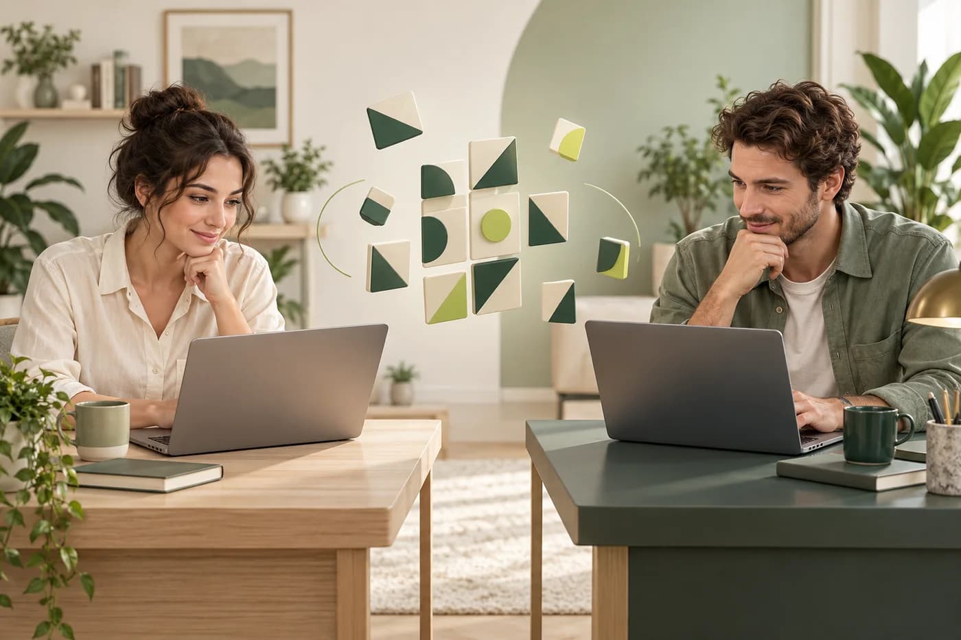Two friends solving a shared geometric challenge on separate laptops.
